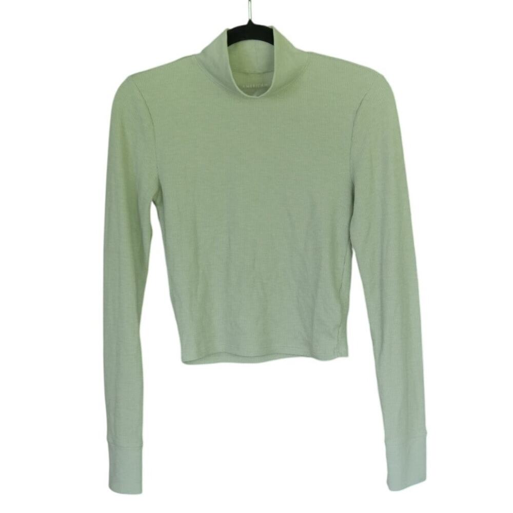 Aerie Sage Green Ribbed Mock Neck Long Sleeve Top | Minimalist Basic Crop